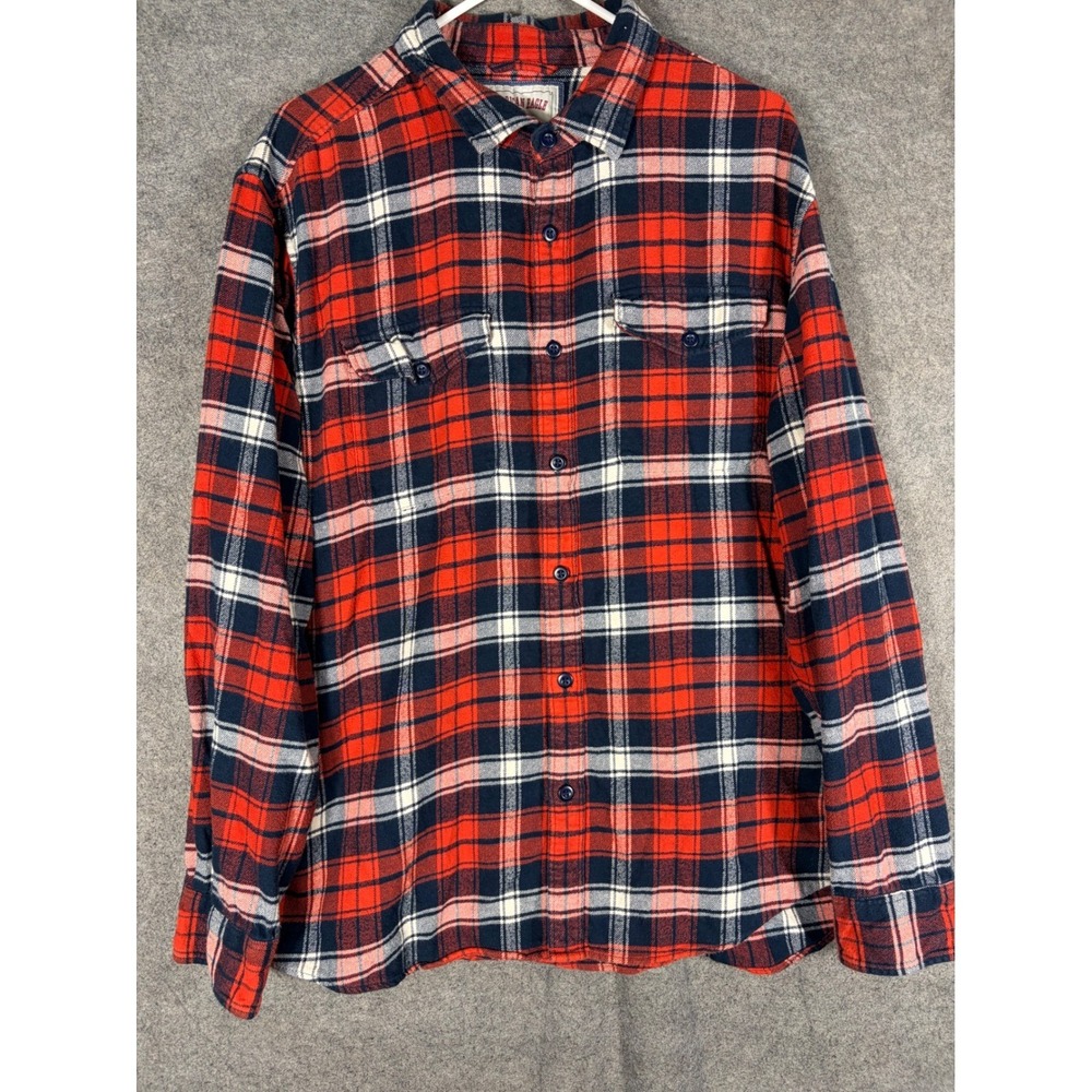 American Eagle Flannel Shirt Mens XL Red Navy Plaid Cotton Long Sleeve Pockets